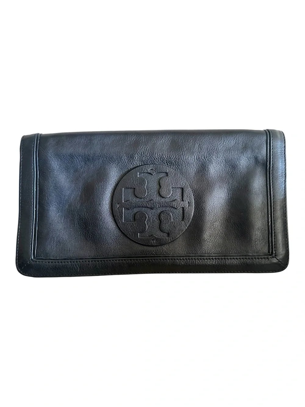 Tory Burch Bombe Reva Black Leather Logo Fold Over Clutch/Crossbody